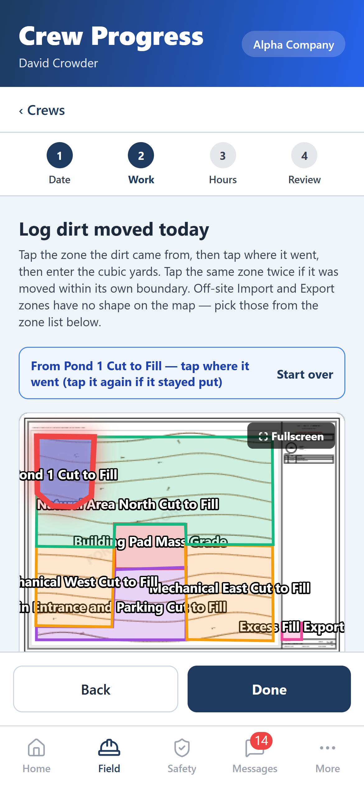 Earthwork cut/fill zones logged on the Free Time Platform iOS app